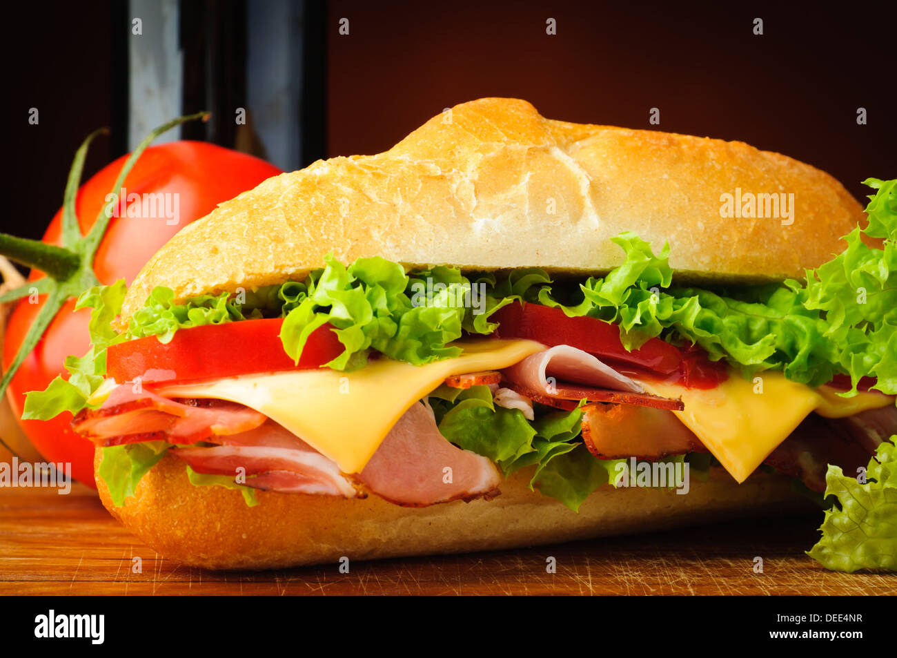 Closeup of fresh traditional deli sub sandwich and ingredients Stock