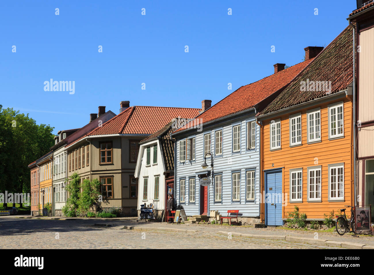 Traditional historic wooden buildings on Voldgarten in old town of Gamlebyen, Fredrikstad, Ostfold, Norway, Scandinavia Stock Photo