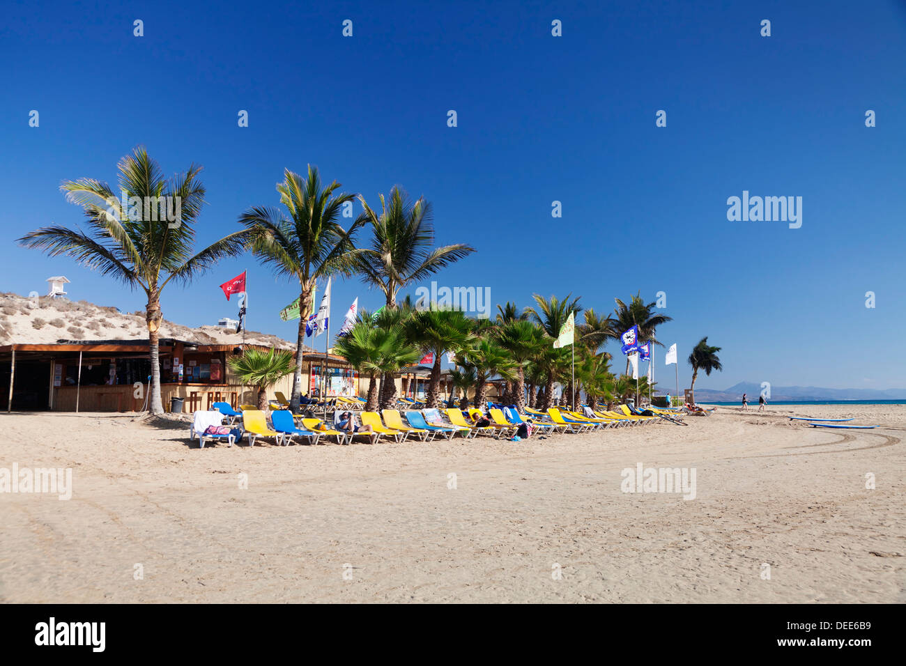 Beach bar at Playa de Sotavento, Risco del Paso, Fuerteventura, Canary Islands, Spain, Atlantic, Europe Stock Photo