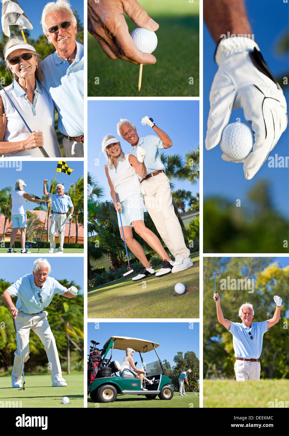 Happy senior retired man and woman couple together playing golf, putting on a green,and celebrating success Stock Photo