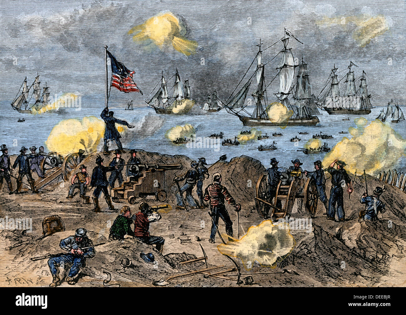 Stonington CT bombarded by British fleet, War of 1812. Hand-colored woodcut Stock Photo