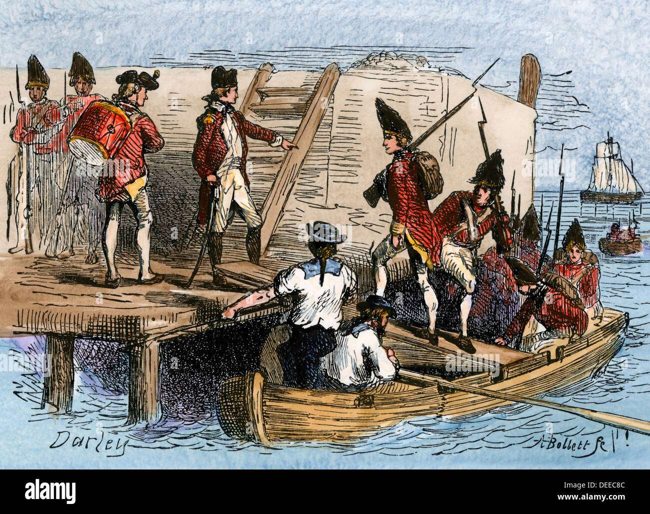 Landing of British troops to occupy Boston after colonial protests, 1768. Hand-colored woodcut Stock Photo