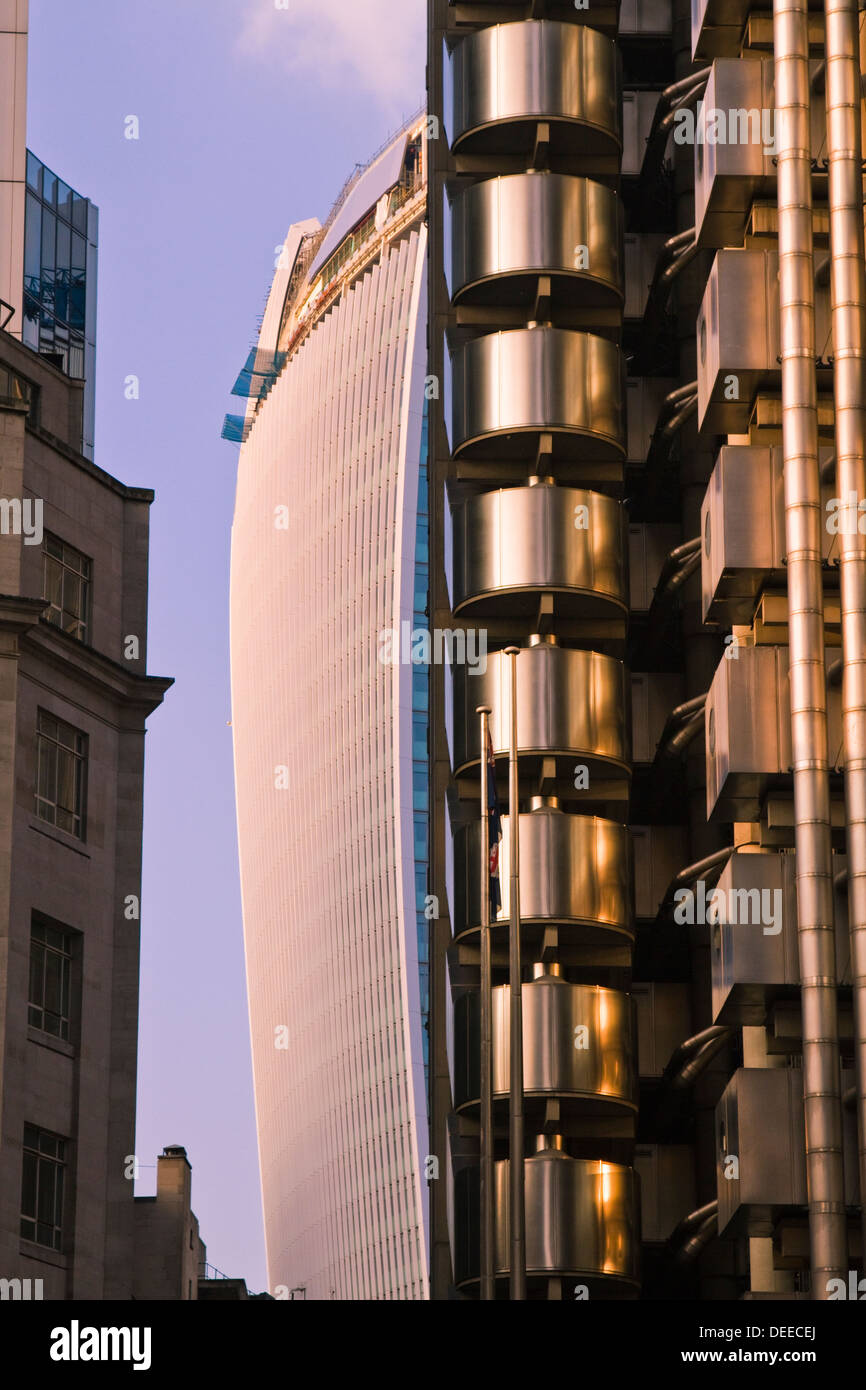The Lloyd's building with the new nicknamed Walkie-Talkie building at 20 Fenchurch streeet behind in the City of London Stock Photo