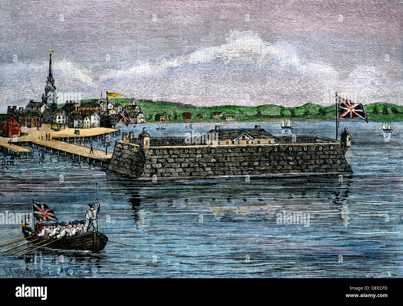 North Battery, colonial Boston harbor, 1700s. Hand-colored woodcut Stock Photo