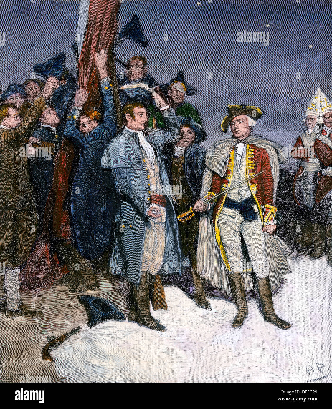 Surrender of Fort William and Mary to colonists, who took the gunpowder to Boston, 1774. Hand-colored woodcut of Howard Pyle illustration Stock Photo