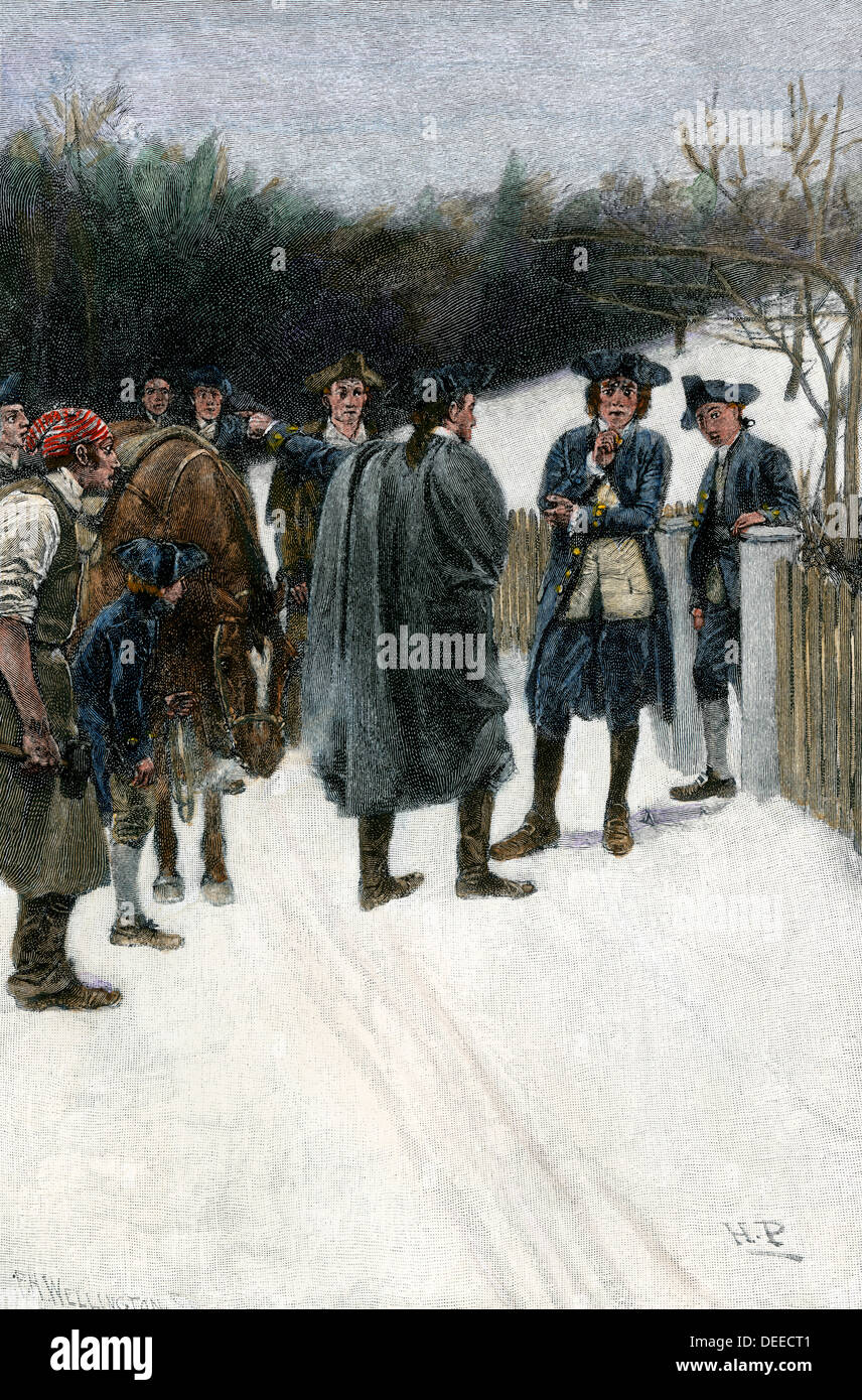 Paul Revere warning John Sullivan of British threat at Fort William and Mary, 1774. Hand-colored woodcut of a Howard Pyle illustration Stock Photo