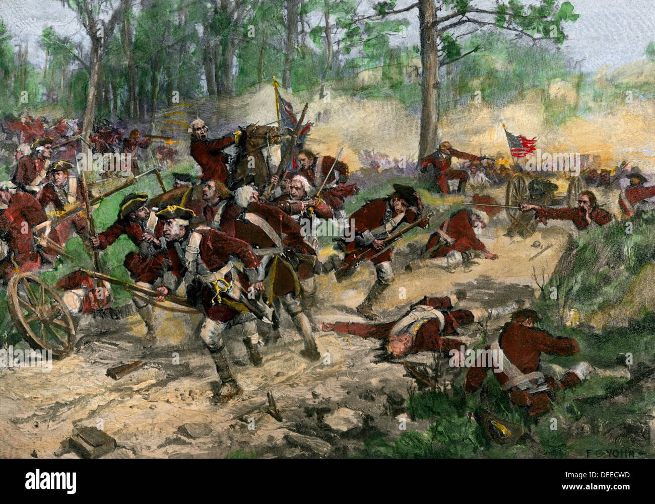 Virginia and Maryland regiments break the British lines at Eutaw Springs, 1781. Hand-colored woodcut of an F.C. Yohn illustration Stock Photo
