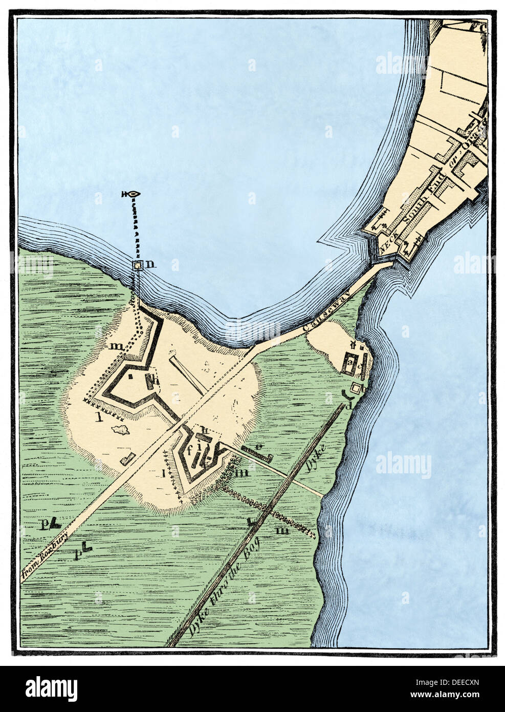 British fortifications on Boston Neck, 1775-1776. Hand-colored woodcut Stock Photo