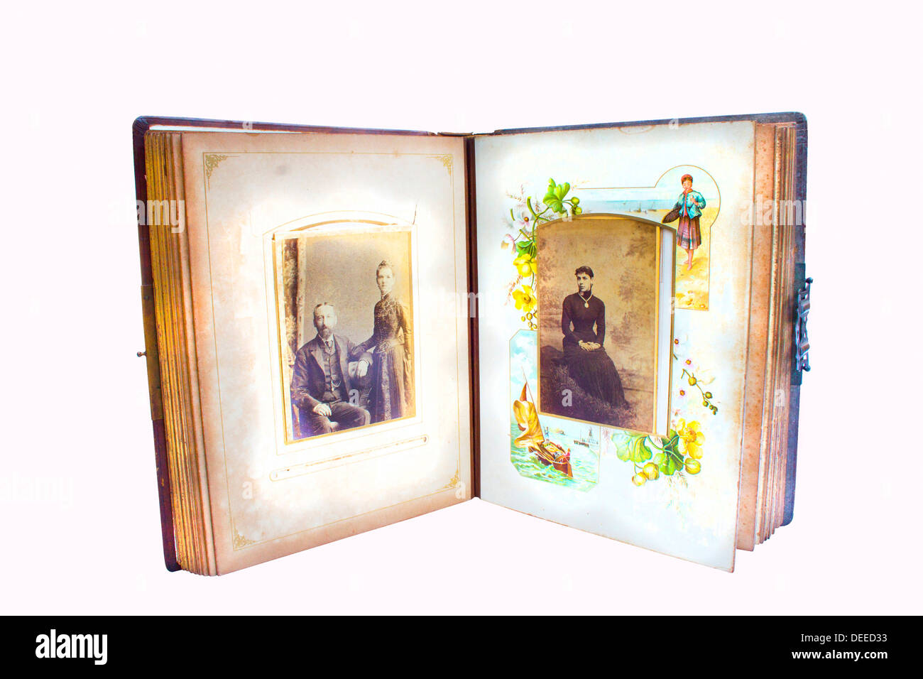 Open vintage leather bound photo album Stock Photo Alamy