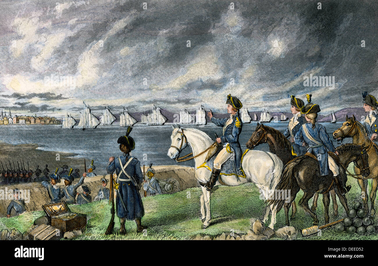 Washington watching evacuation of British troops from Boston, 1776. Hand-colored engraving Stock Photo
