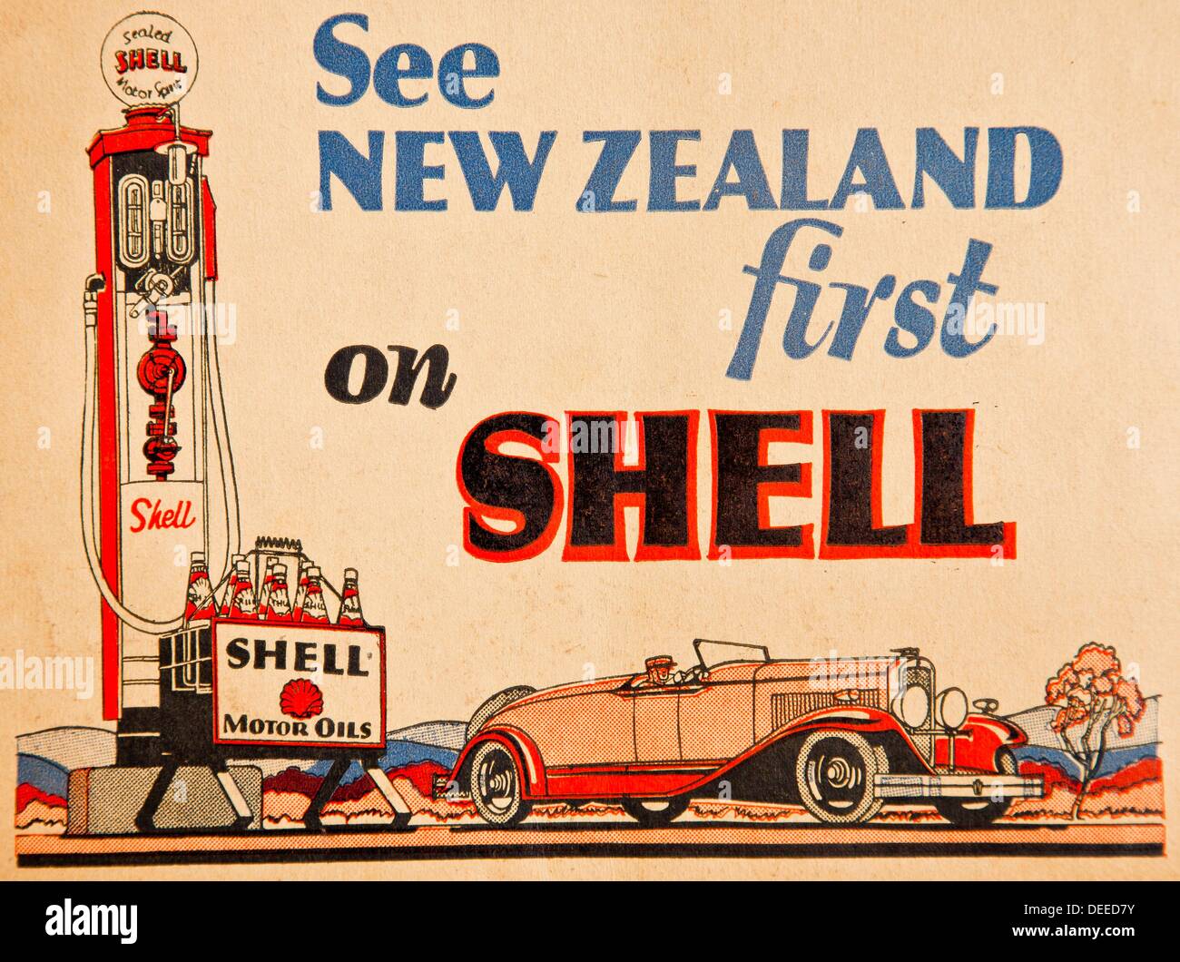 See New Zealand first on Shell, gasoline and petrol advert, 1930 Stock
