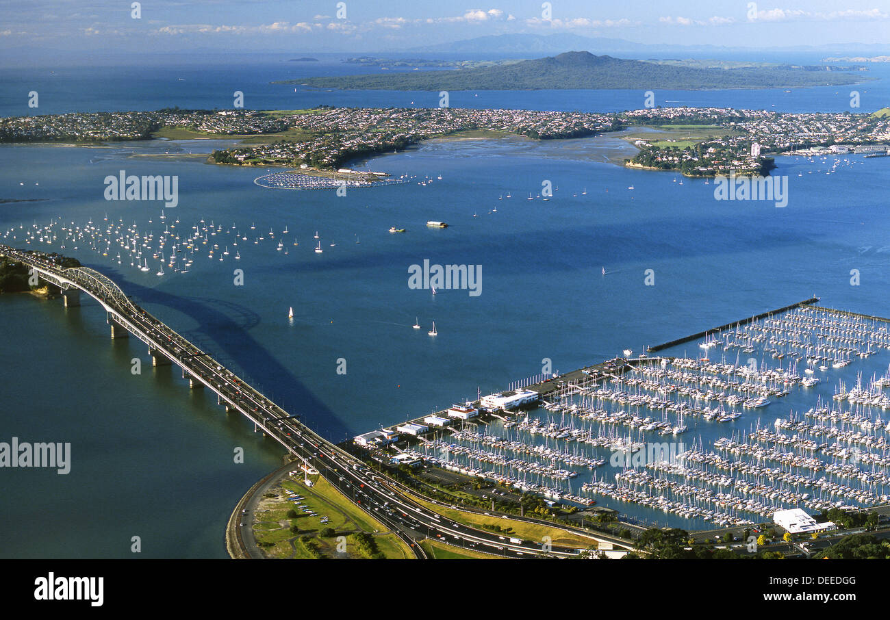 Auckland Harbour Bridge with Westhaven Marina Devonport and Rangitoto