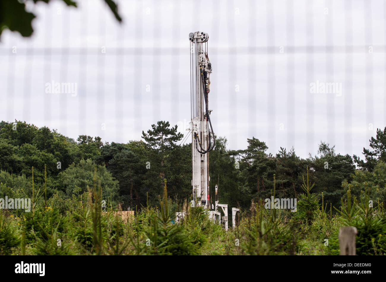 12th September 2013. Balcombe drilling rig stands behind fencing during anti-fracking protests, West Sussex, England, UK Stock Photo