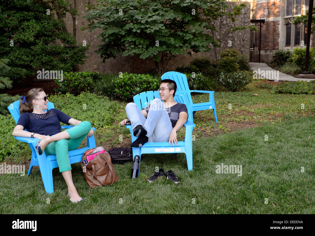 Yale University students attending summer school relax after dinner at Morse Residential College. Stock Photo