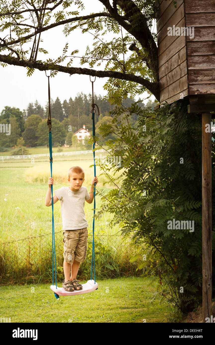 Boy (6-7) on tree swing, France. Stock Photo