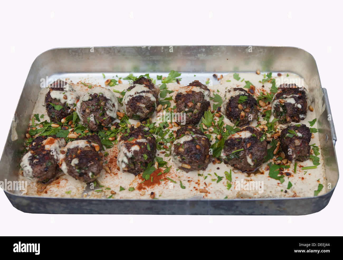 Kofte with sesame paste, parsley and pinenuts Stock Photo