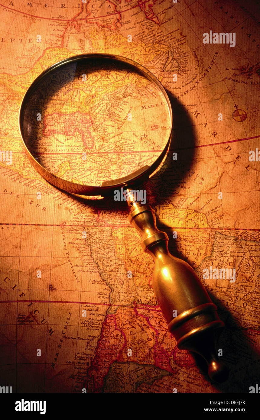 Magnifying glass on map Stock Photo Alamy