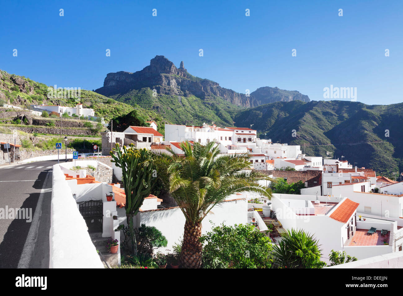 View over Tejeda to Roque Nublo, Gran Canaria, Canary Islands, Spain, Atlantic, Europe Stock Photo