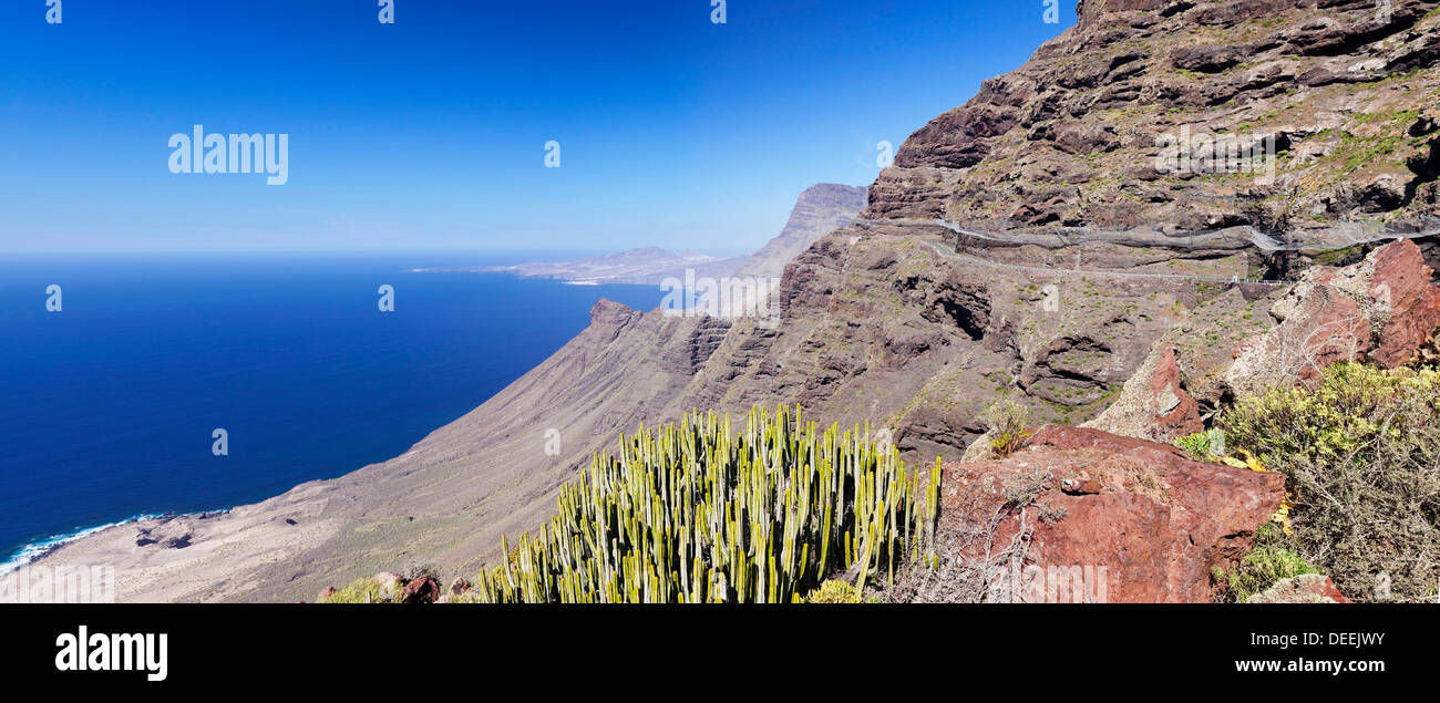 Anden Verde, West Coast with Puerto de las Nieves and Faneque mountain, Gran Canaria, Canary Islands, Spain, Atlantic, Europe Stock Photo
