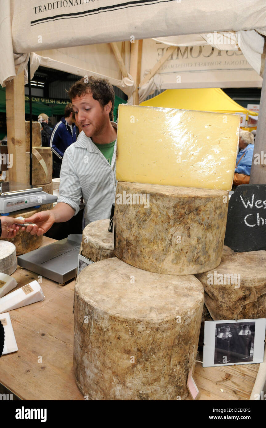 A stack of cheeses on display at the Bath & West Show, Somerset, UK Stock Photo