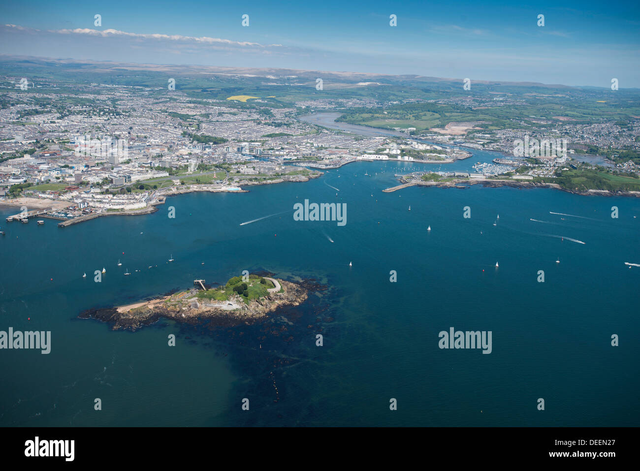 Plymouth with Drakes Island in foreground, Devon, England, United Kingdom, Europe Stock Photo