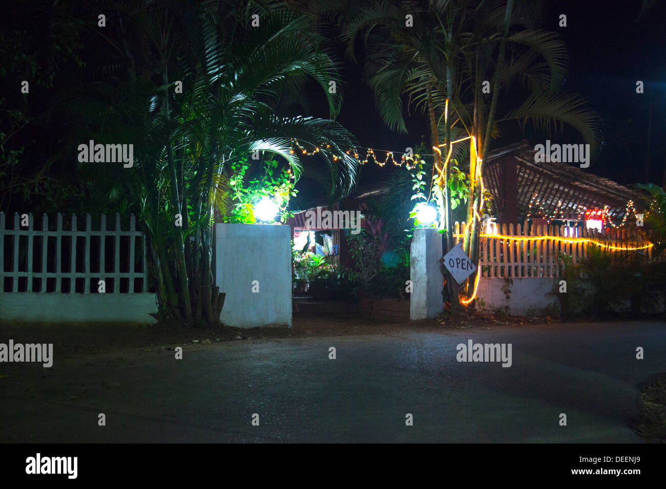 Entrance of a restaurant lit up at night, Papa Joe's Restaurant, Panaji, Goa, India Stock Photo