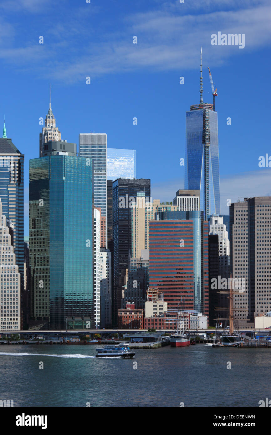 Freedom Tower rises above the Lower Manhattan skyline in New York city, USA. Stock Photo