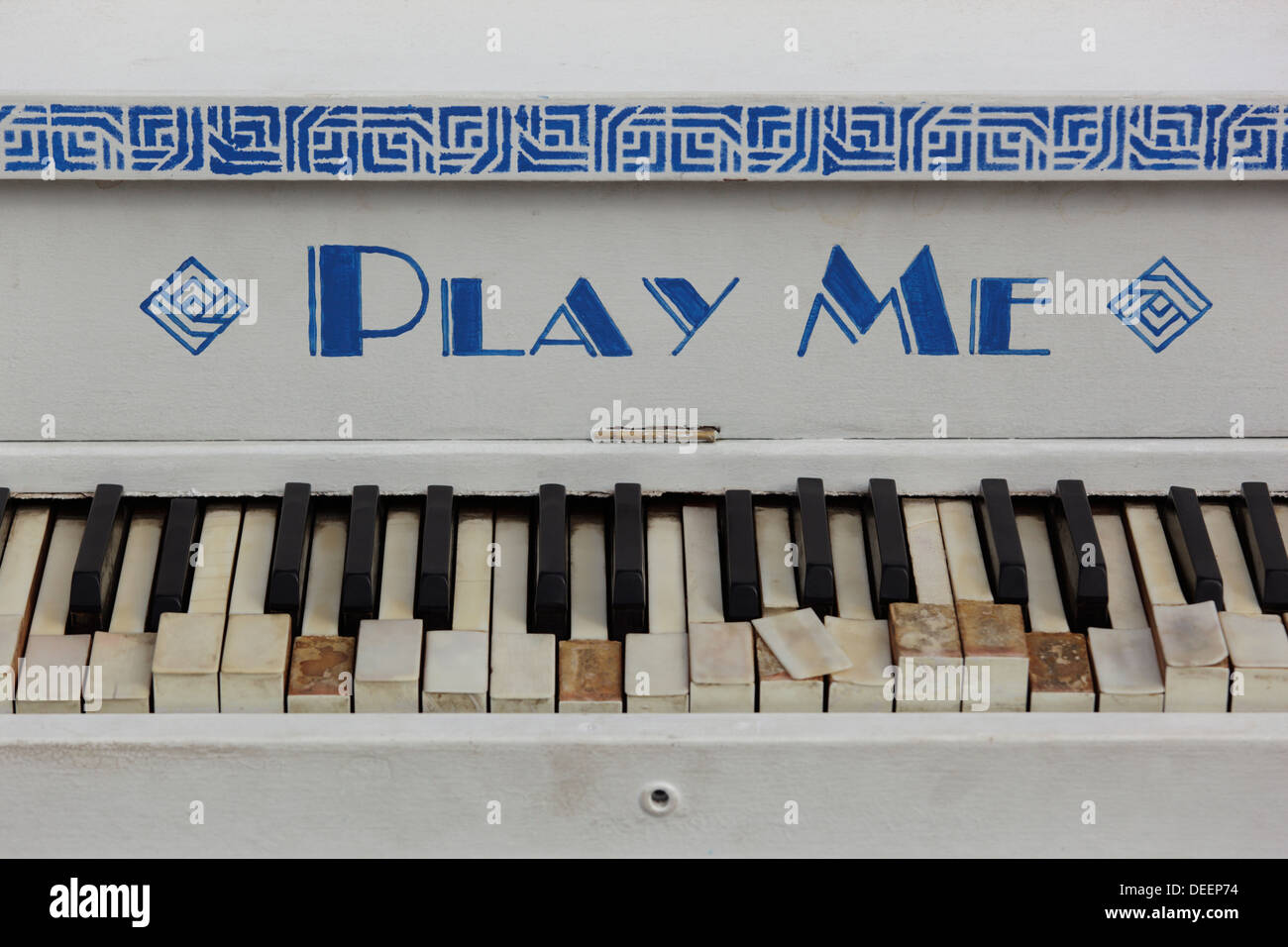 Piano keyboard with the inscription Play Me. Stock Photo