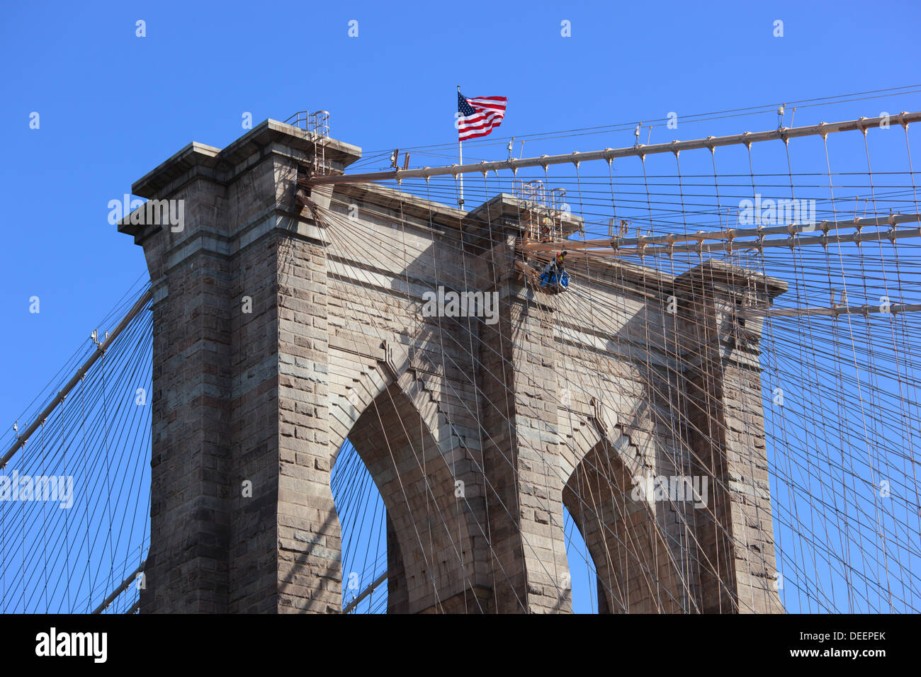 Tower of the Brooklyn Bridge in New York, USA. Stock Photo