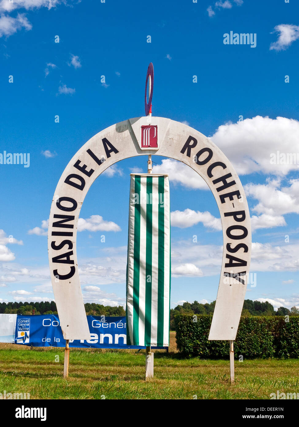 Winning post at La Roche Posay racecourse - France. Stock Photo