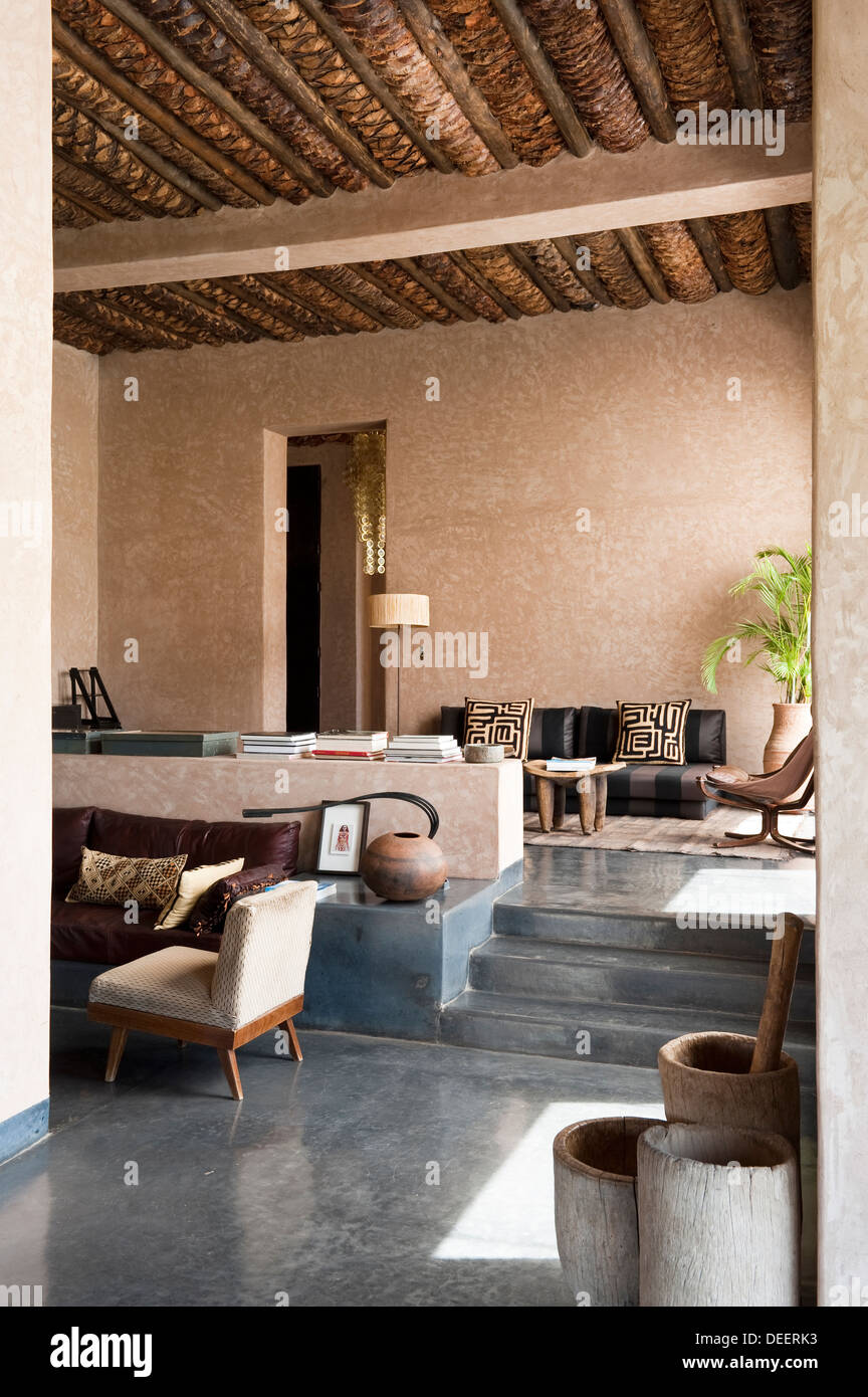 Split level seating areas in Moroccan new-build with interior design Romain Michel-Meniere Stock Photo