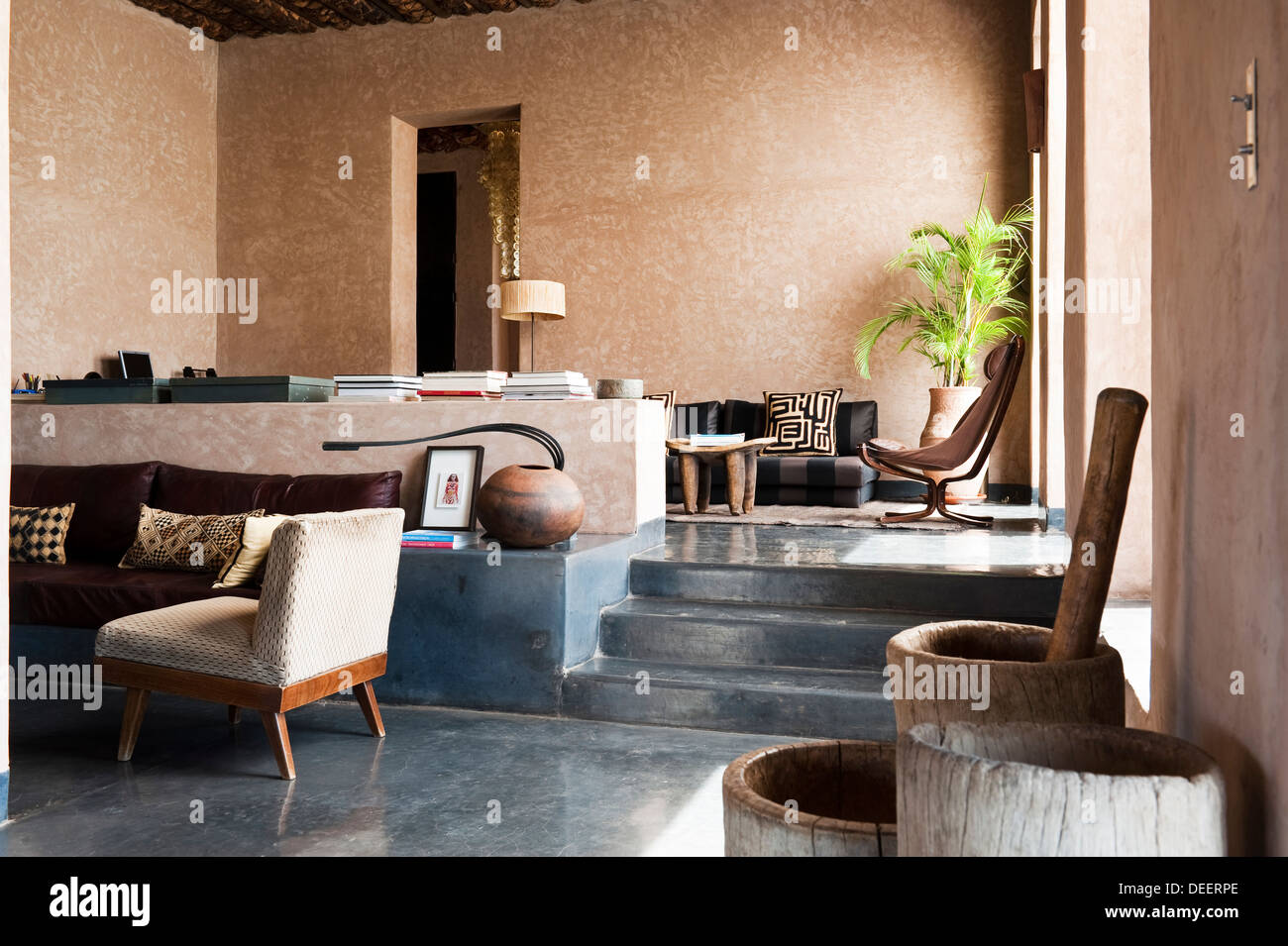Split level seating areas in Moroccan new-build with interior design Romain Michel-Meniere Stock Photo