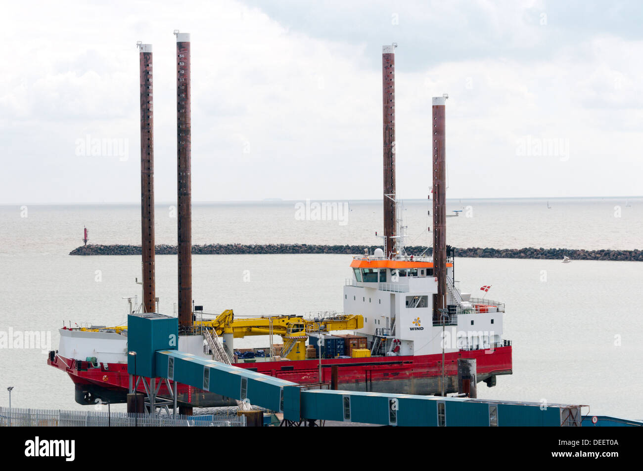 MV Wind, a jack-up barge of the Danish company DBB Jack-Up Services, in dock at Ramsgate. Stock Photo