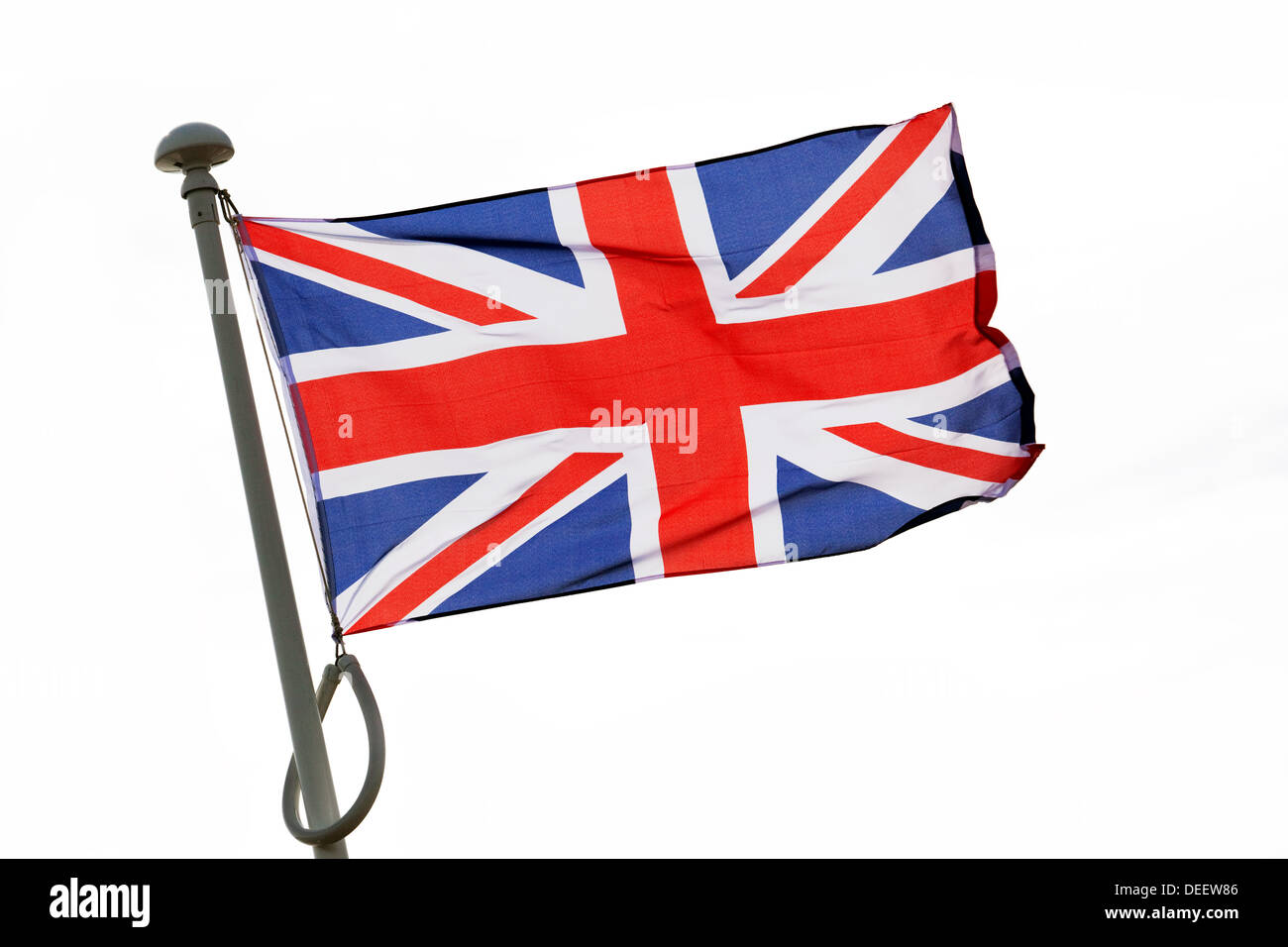 Union Jack flag flying cut out, UK Stock Photo