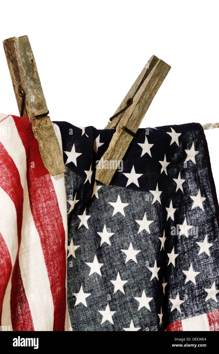 american flag on a clothesline with clothespins Stock Photo Alamy