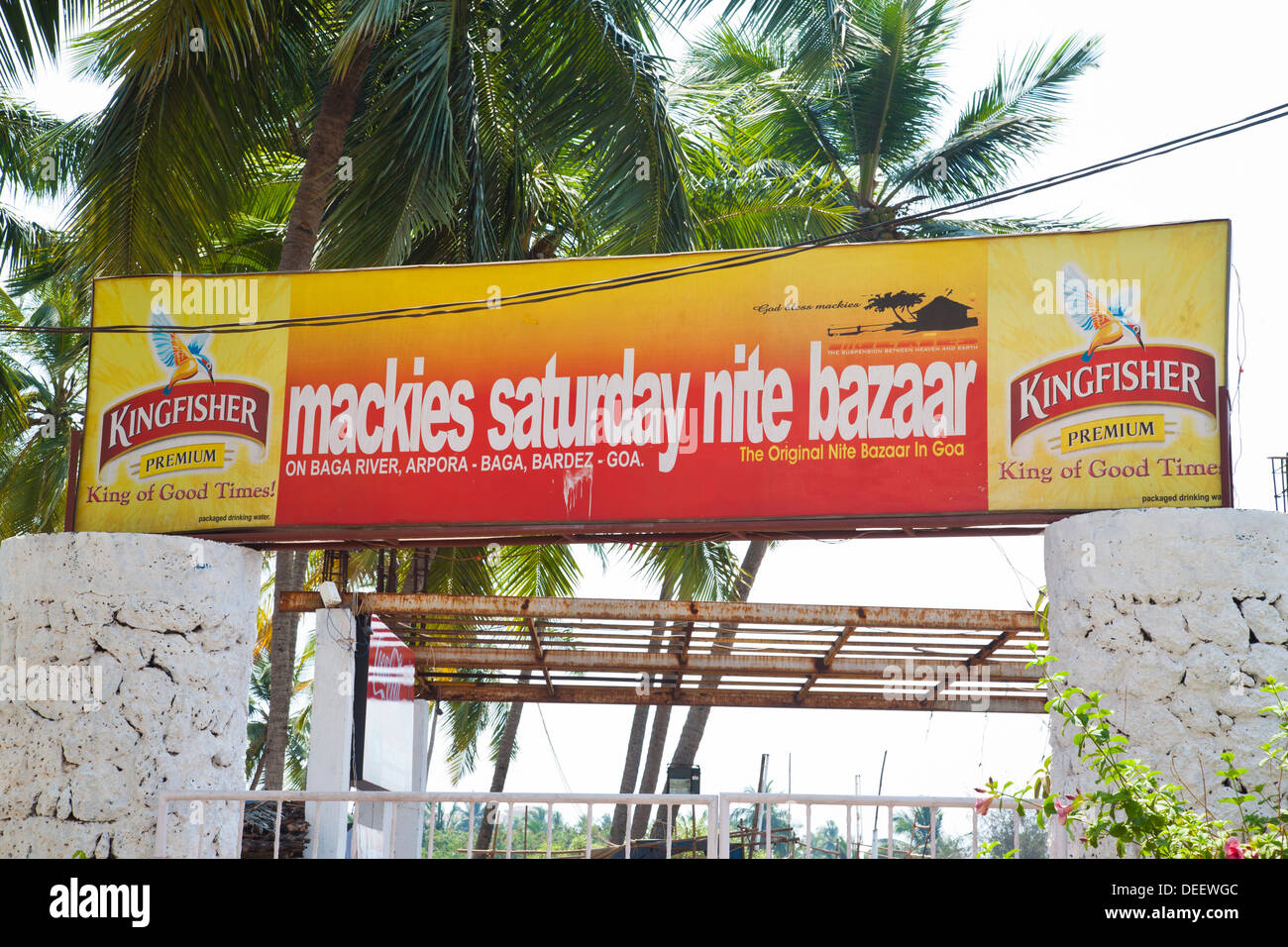 Sign board of a market, Mackies Saturday Nite Bazaar, Arpora Baga Road, Baga, Bardez, North Goa, Goa, India Stock Photo