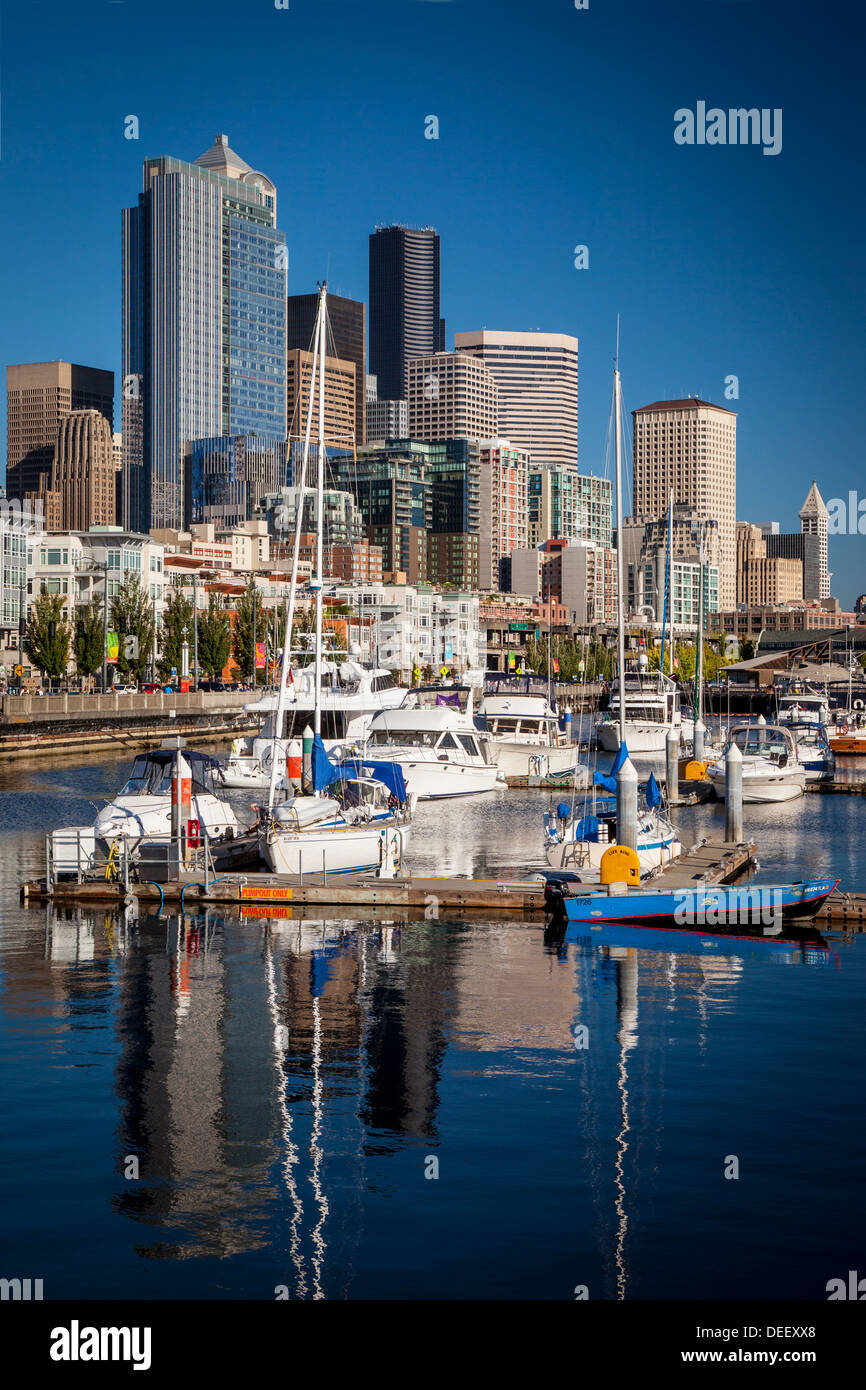 Buildings of downtown Seattle rise above Bell Harbor Marina on the