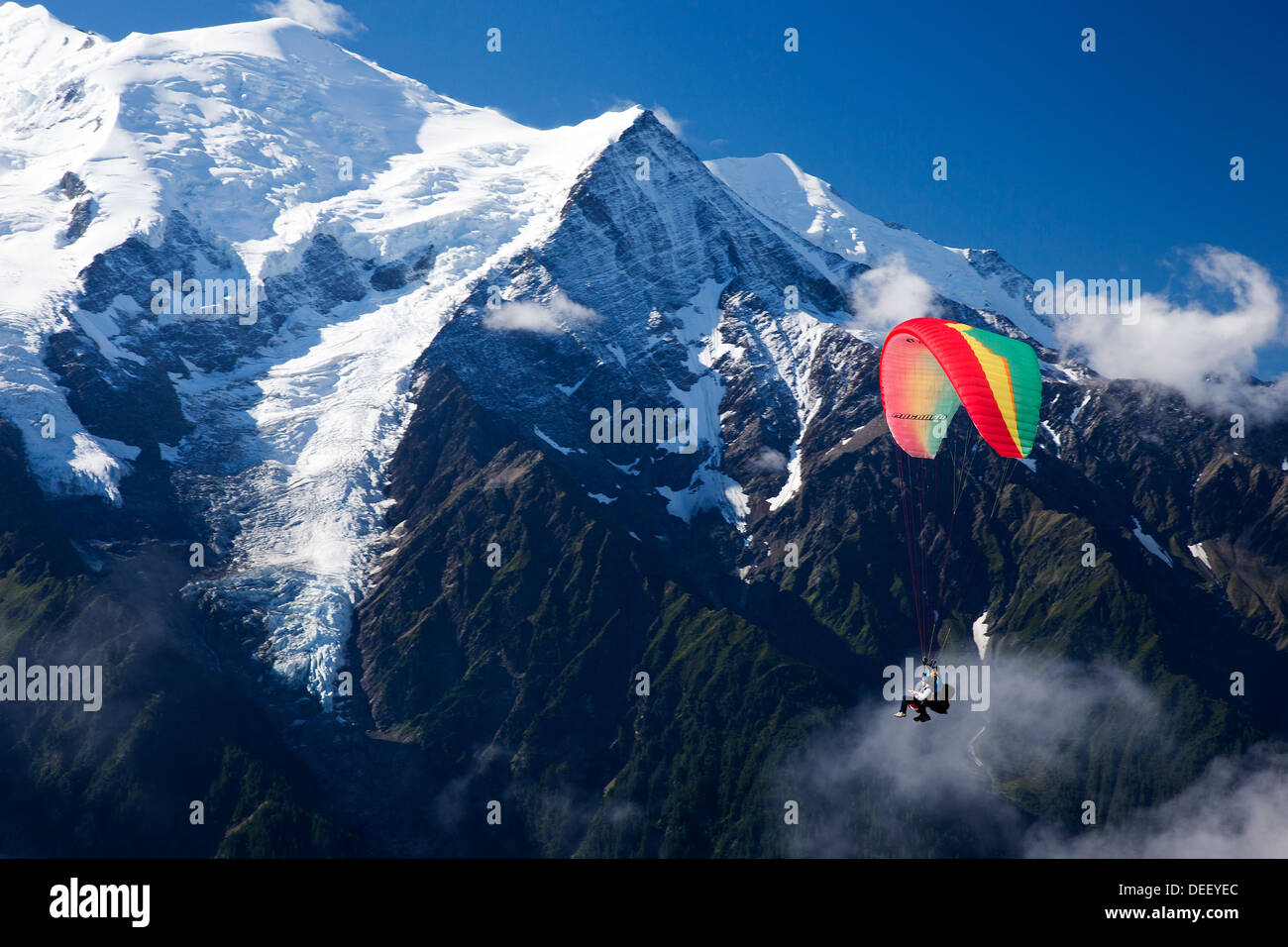 Paraglider with the Mont Blanc Massif in the background Stock Photo