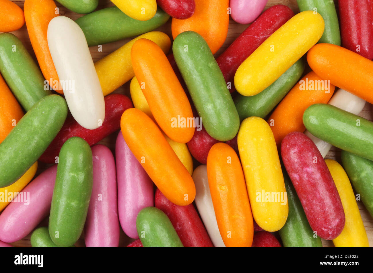 Closeup of colorful candy coated liquorice sweets Stock Photo