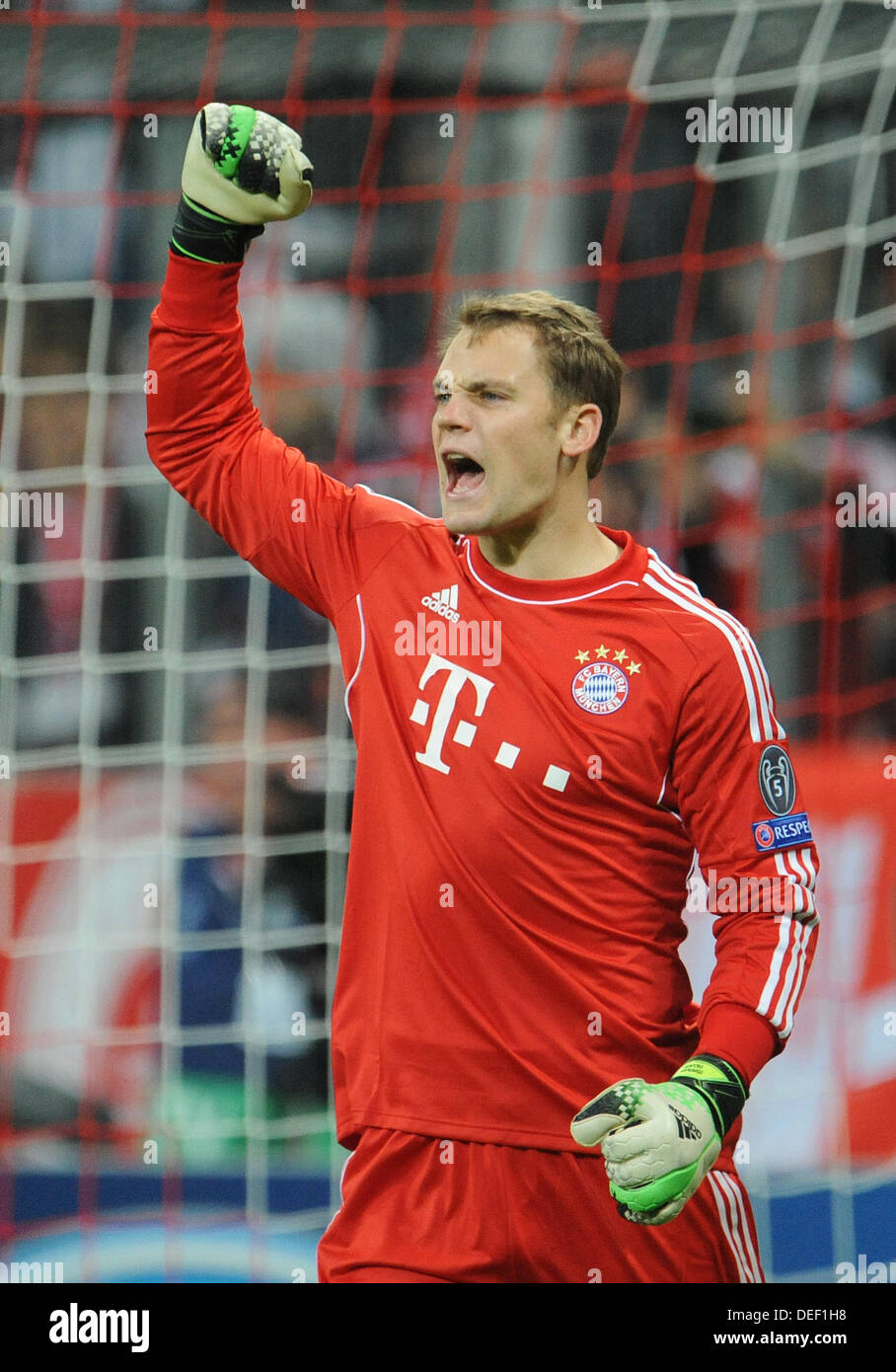 Munich, Germany. 17th Sep, 2013. Munich's goalkeeper Manuel Neuer gestures during the UEFA Champions League Group D soccer match between FC Bayern Munich and CSKA Moscow at München Arena in Munich, Germany, 17 September 2013. Photo: Andreas Gebert/dpa/Alamy Live News Stock Photo