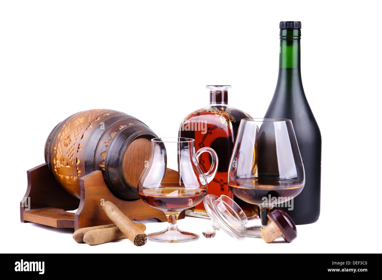 french cognac and cuban cigars isolated on a white background Stock Photo