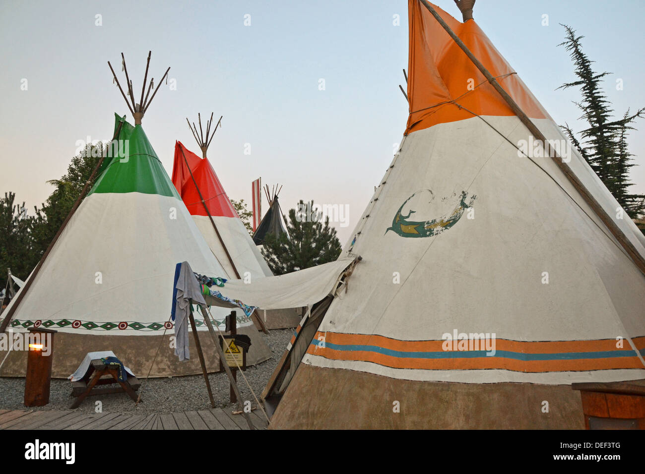 teepees at sunset Stock Photo