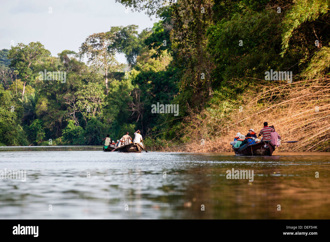 Africa, Cameroon, Kribi. Tourists in traditional pirogue boat going ...