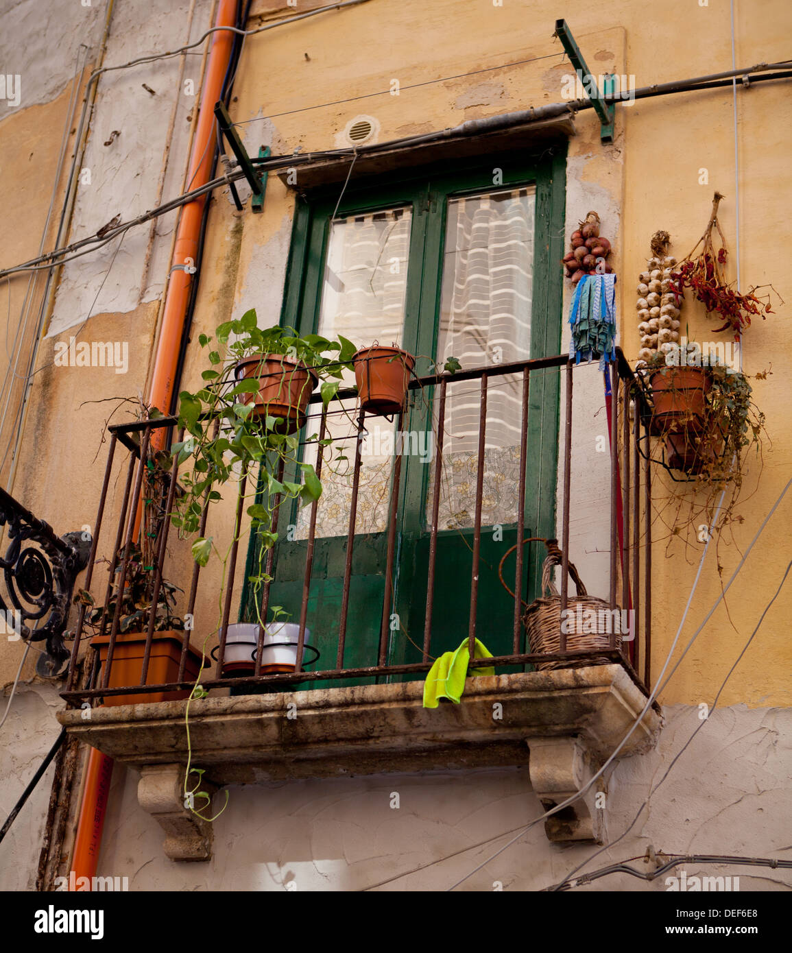 Typical Sicilian house facade in Trapani in the Province of Trapani, Sicily. Stock Photo