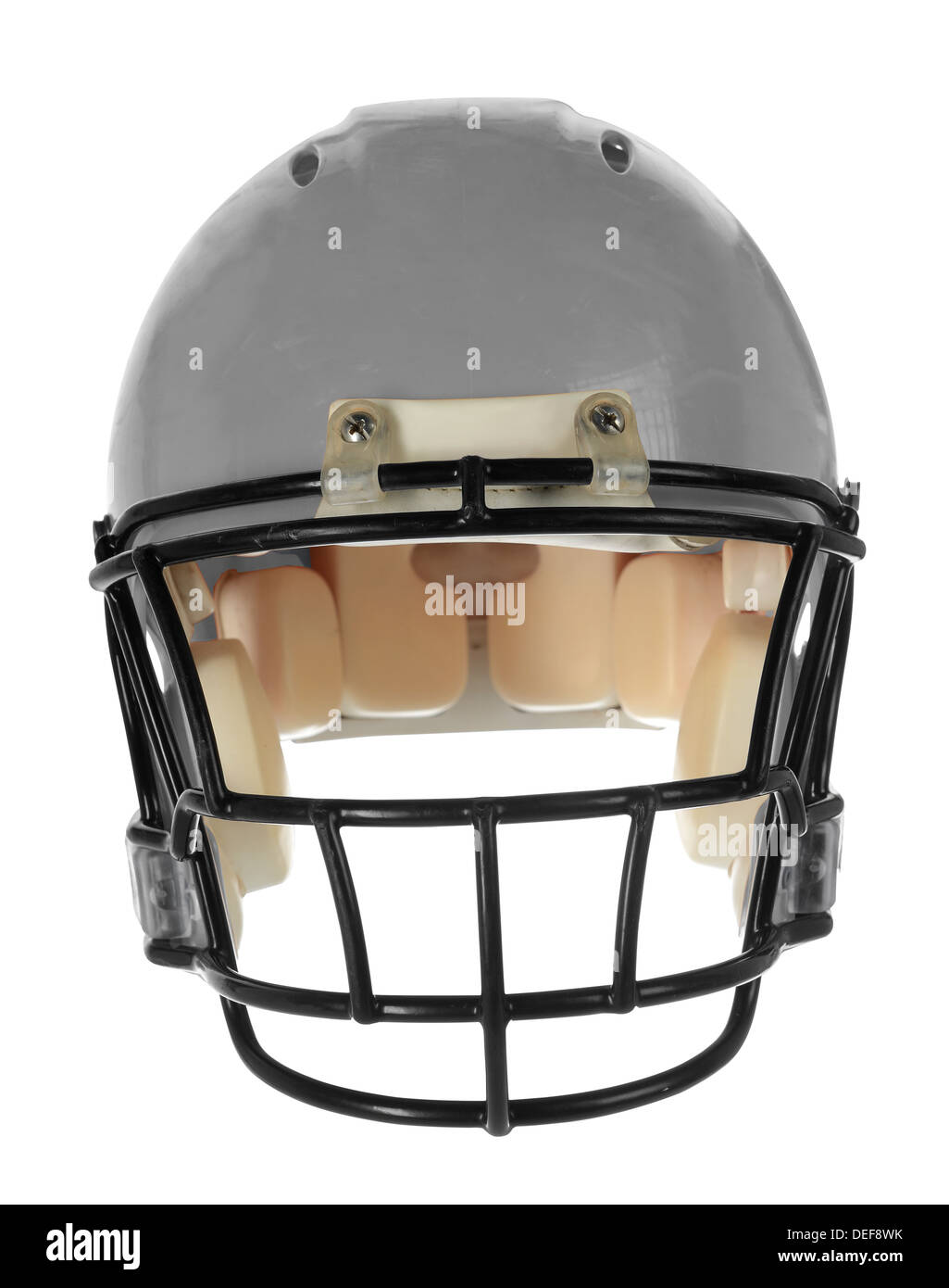 Gray football helmet in front view isolated over white background