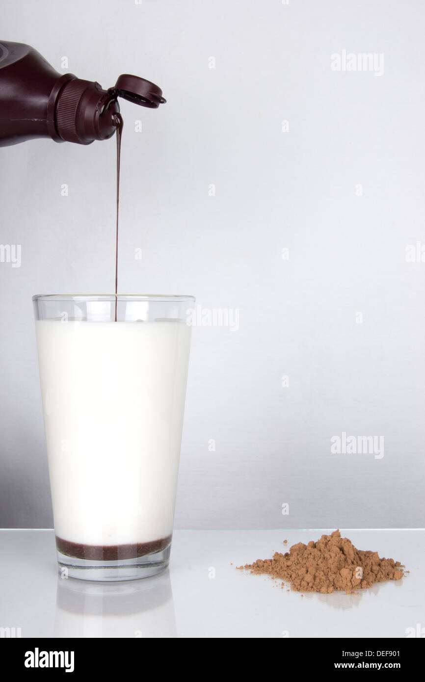 Chocolate milk poured into a glass