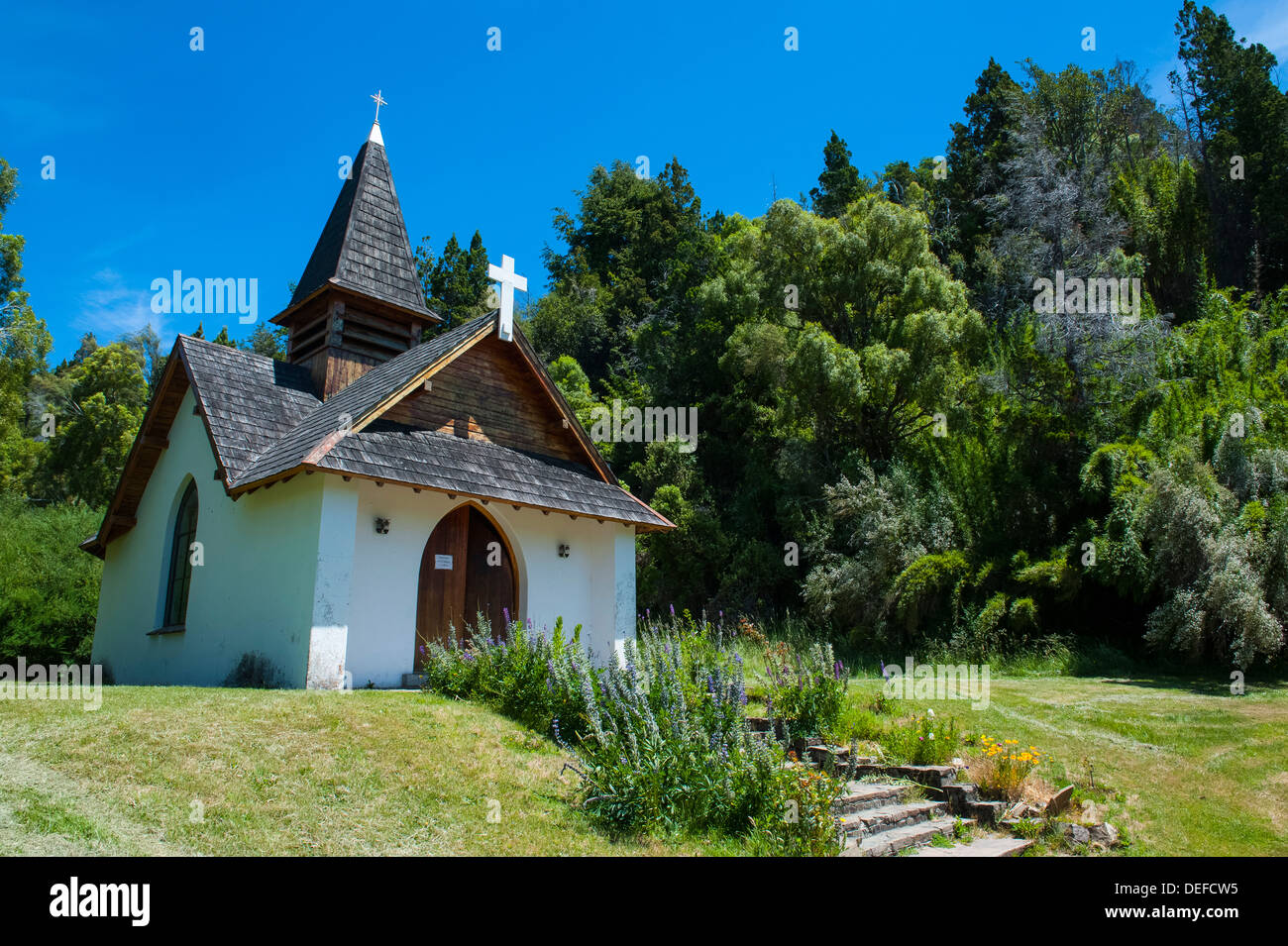 Little chapel in Los Alerces National Park, Chubut, Patagonia, Argentina, South America Stock Photo