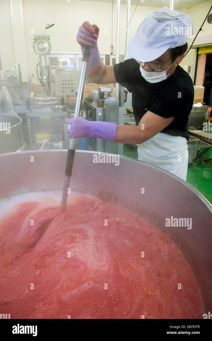 Man stirring tomato juice in vat which is heated during the