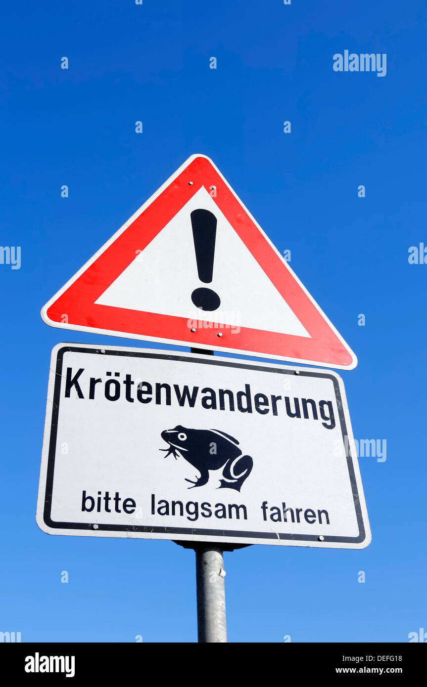 Warning sign with the message 'Kroetenwanderung, bitte langsam fahren', German for 'Toad migration, please drive slowly' Stock Photo