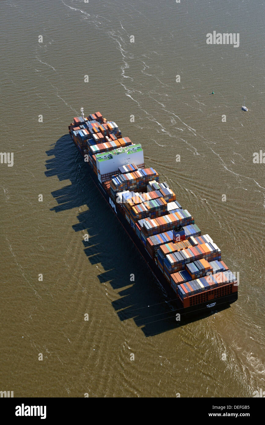 Container ship APL Vanda on the Elbe River, aerial view, Hamburg, Hamburg, Germany Stock Photo